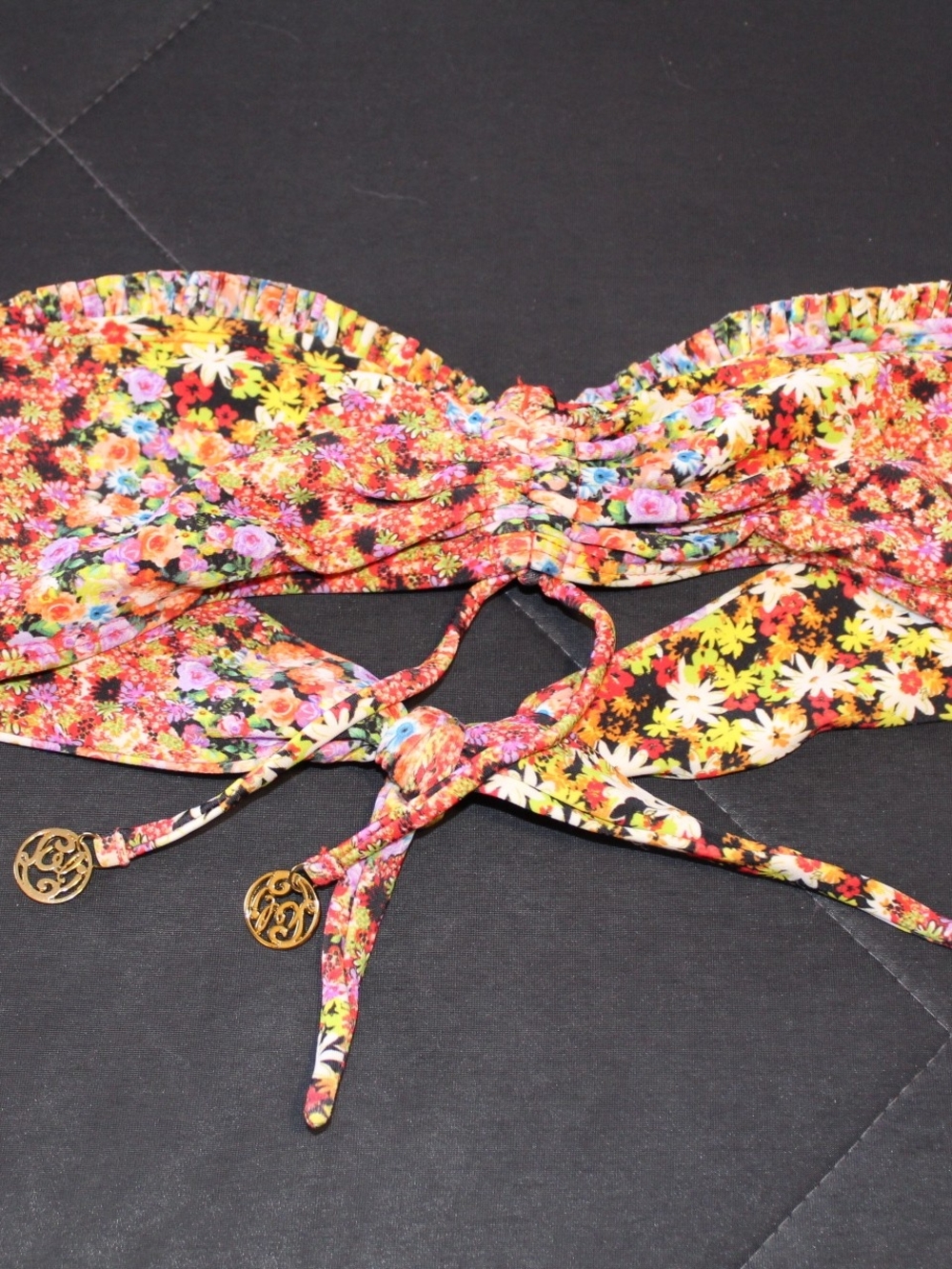 Luli Fama Bright Multicolor Floral Bandeau Bikini Top with Gold Charms - Picture 2 of 7